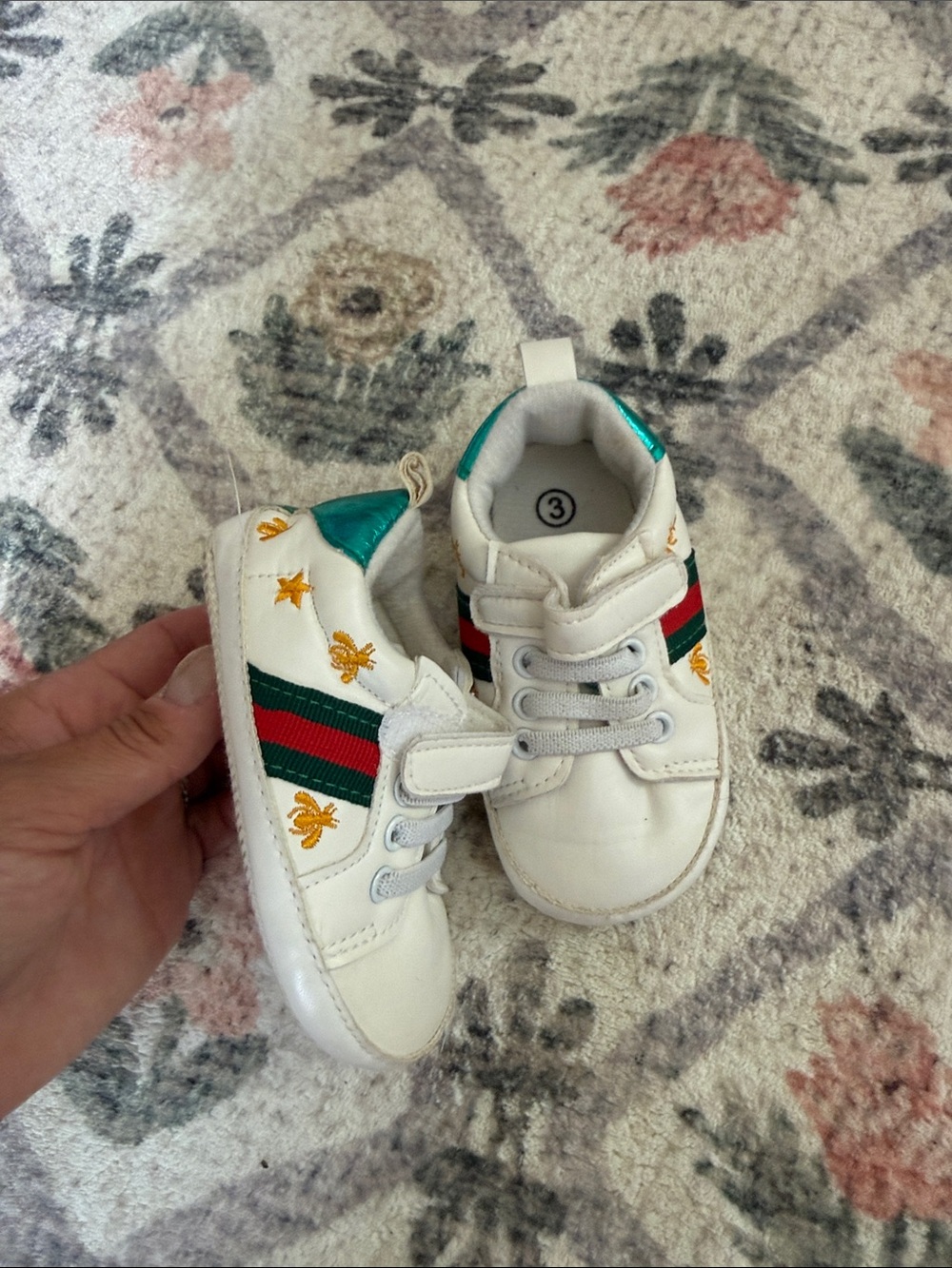 White Kids Sneaker with Green & Red Stripes and Gold Embroidery